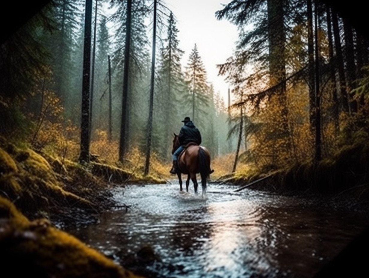 Cavalier traversant une rivière en forêt