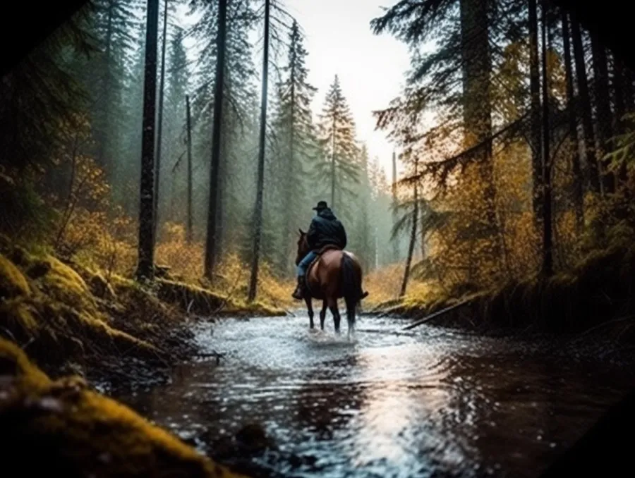 Cavalier traversant une rivière en forêt