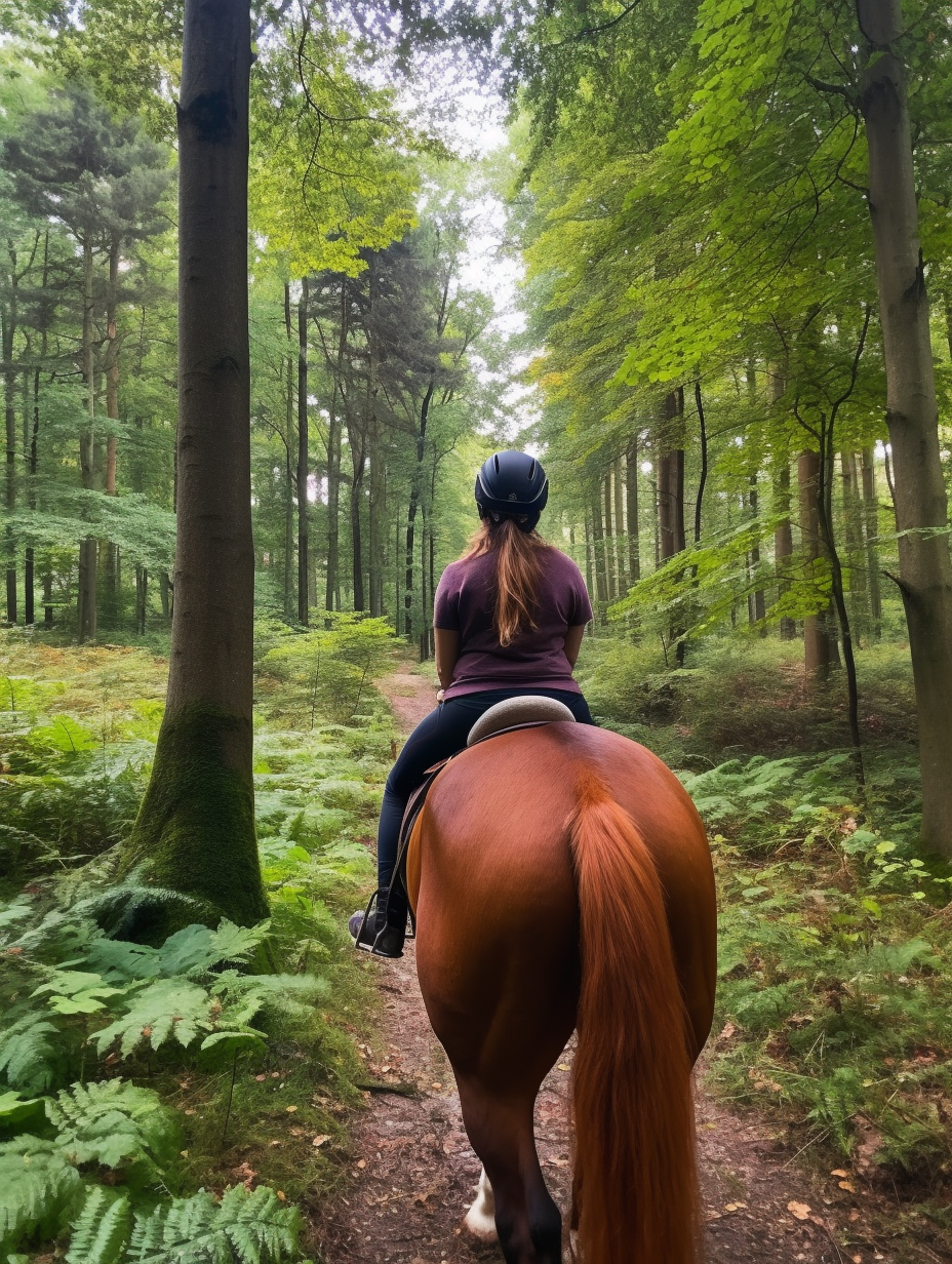 Cavalière et cheval en balade dans la forêt avec Horizon Equestre